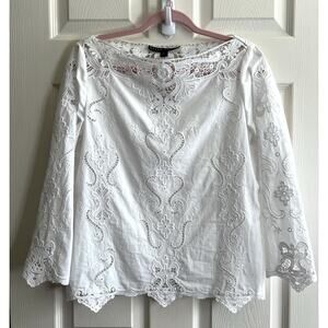 RALPH LAUREN Black Label White Lace Floral Applique Southwestern Blouse Top Sz 4
